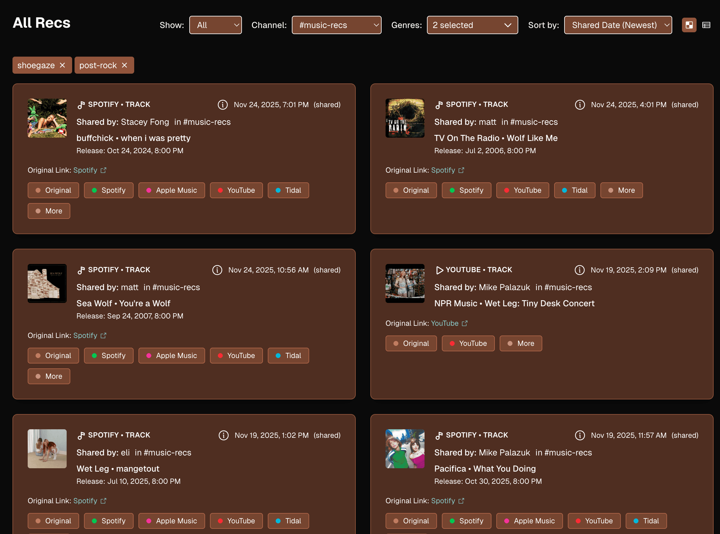 Creative Differences web app showing All Recs page with music recommendations