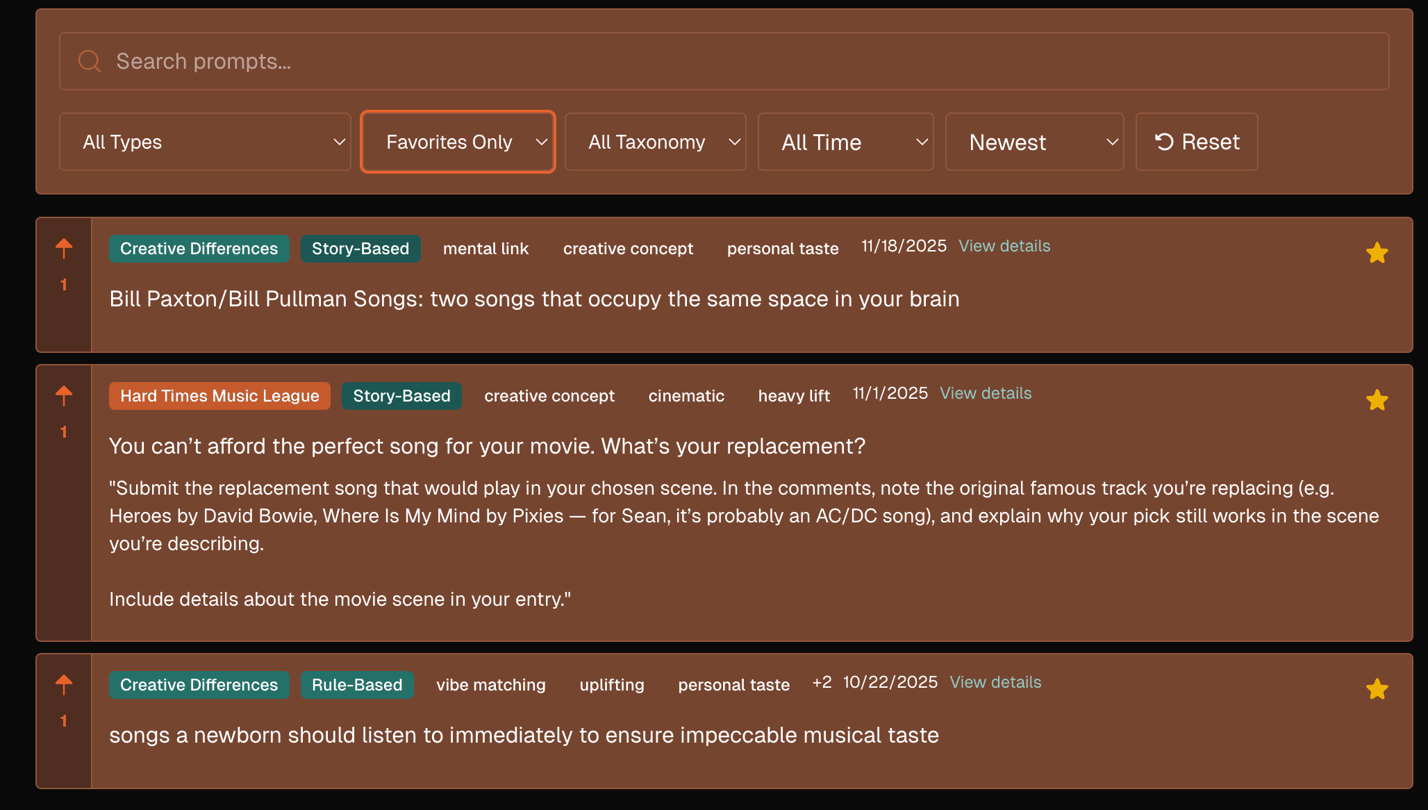 Music League Round Ideas page showing prompt cards with tags and filters