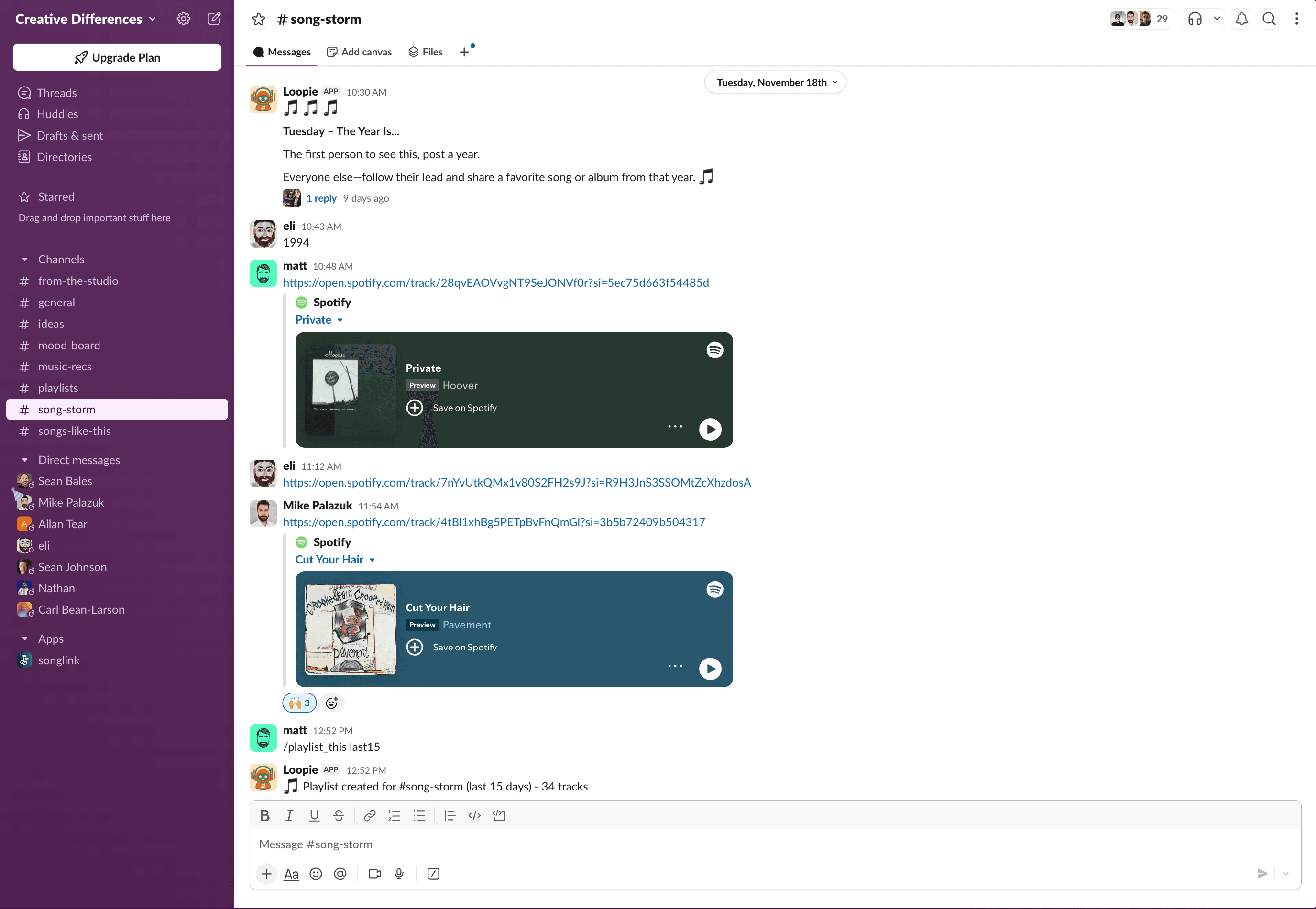 Creative Differences Slack workspace showing #song-storm channel